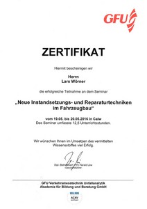 Zertifikat der GFU Verkehrsmesstechnik UnfallanalytikAkademie für Bildung und Beratung GmbH zum Seminar Neue Instandsetzungs- und Reparaturtechniken im Fahrzeugbau